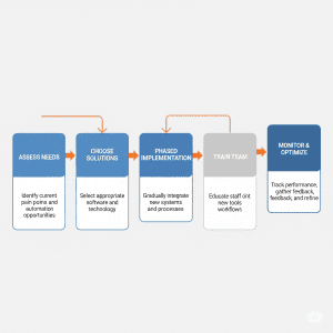 Flowchart illustrating the step-by-step roadmap for implementing financial automation: Assess Needs -> Choose Solutions -> Phased Implementation -> Train Team -> Monitor & Optimize.