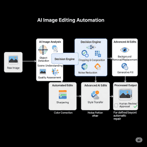 Diagram illustrating the AI Image Editing Automation workflow from raw image to processed output.