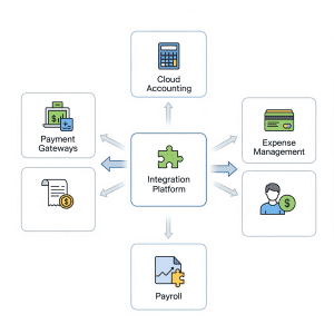 Diagram showing the interconnectedness of various financial automation tools: Cloud Accounting, Payment Gateways, Expense Management, Payroll, and Integration Platforms.