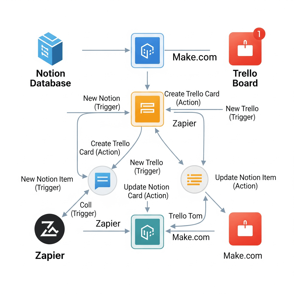 Diagram illustrating the data flow in Notion Trello automation with Zapier and Make.com