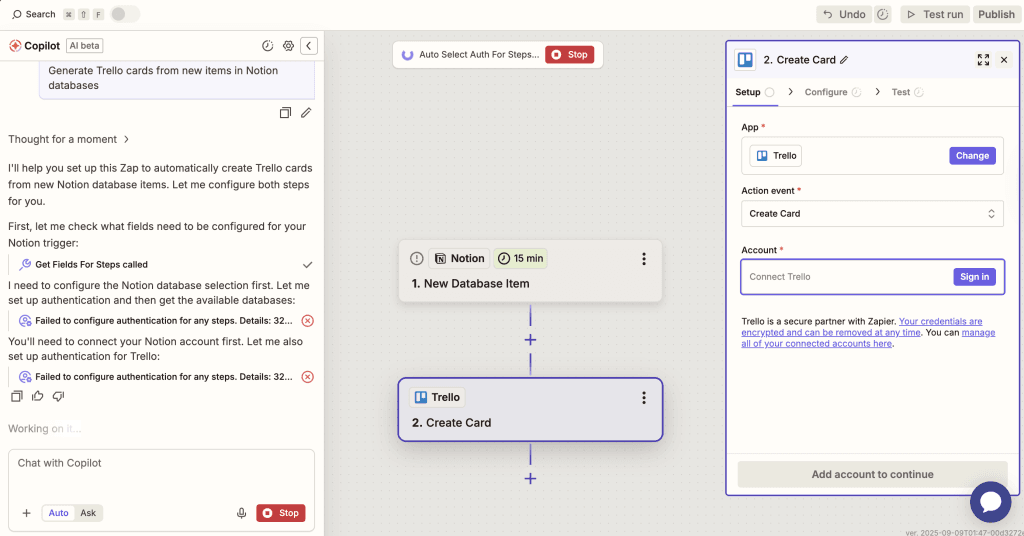 Screenshot of Zapier interface showing connection setup between Notion and Trello
